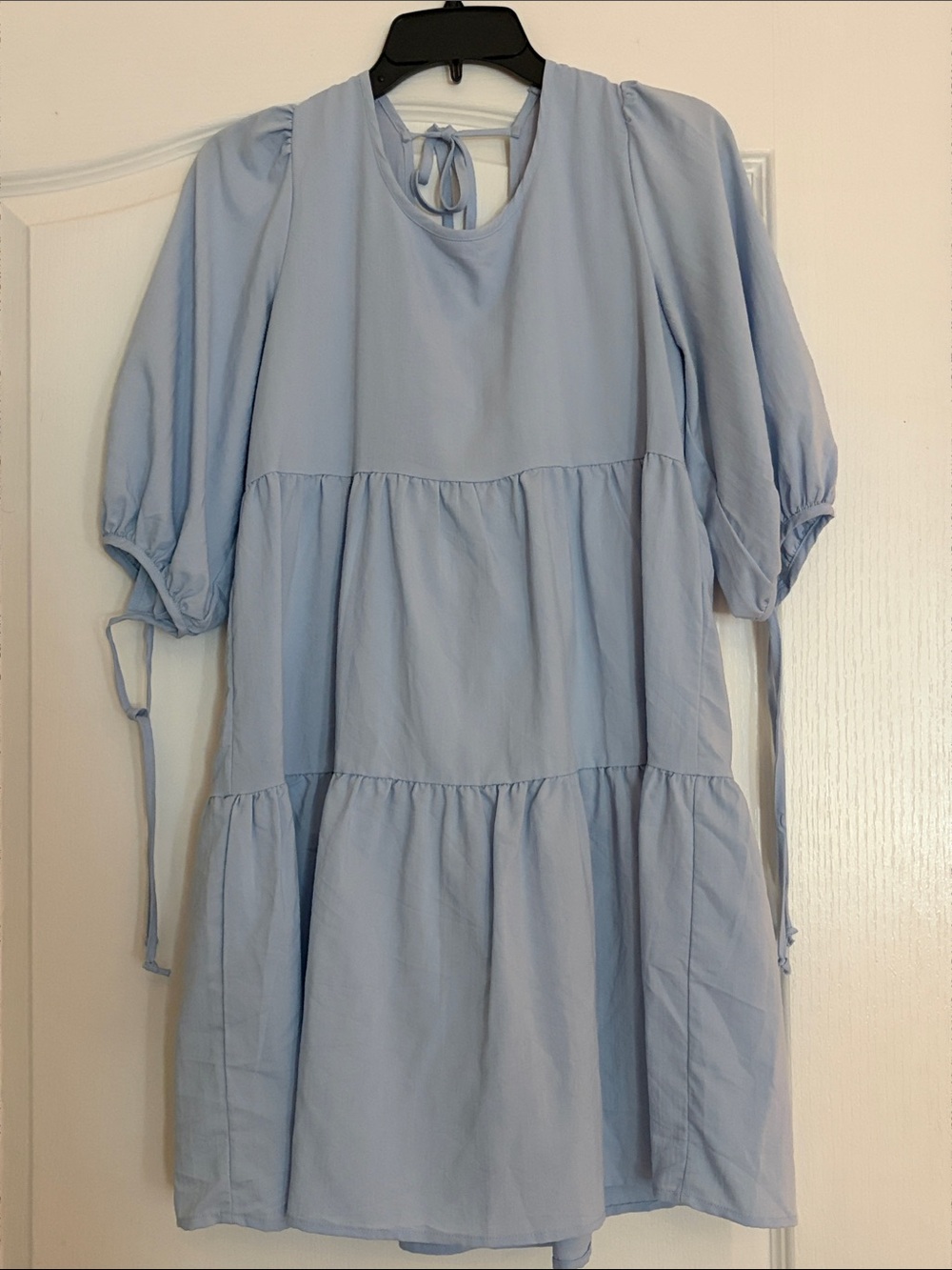Crescent Light Blue Tiered Puff-Sleeve Dress with Tie Back